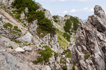 Scenic hiking trail to mountain peak Cima del Cacciatore in remote Julian Alps, Friuli-Venezia Giulia, Italy. Trailhead from Monte Santo di Lussari, Camporosso. Wanderlust in untamed Italian Alps