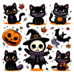 Cute and creepy black cats illustration. Autumn stickers with scary cartoon characters. Halloween collection in hand drawn style