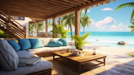 Fototapeta na wymiar Beach Tropical living & Sea view for Vacation and Summer / interior 3d rendering