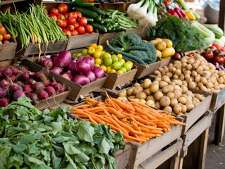 Variety of colourful fresh vegetables on display at a local farmers market stall.