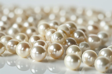 A close-up image of scattered, lustrous white pearls on a reflective surface, conveying luxury and elegance