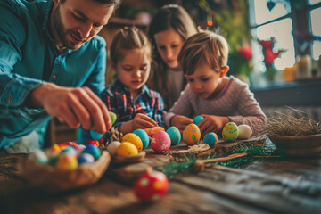 Family decorating colorful eggs together for Easter celebration on a rustic wooden table
