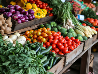 Variety of colourful fresh vegetables on display at a local farmers market stall.