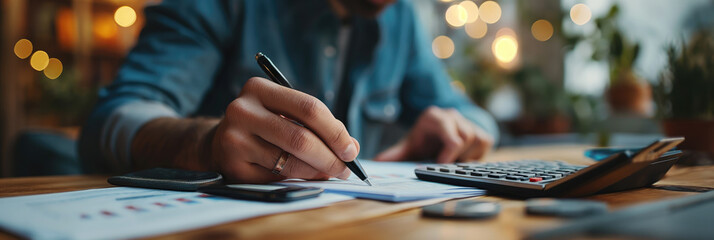 A person engages in detailed financial planning with a calculator, pen, and documents on a wooden table, representing fiscal responsibility or tax preparation - obrazy, fototapety, plakaty