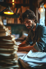 Focused man with beard working on paperwork in a cozy, lamp-lit room with bookshelves in the background