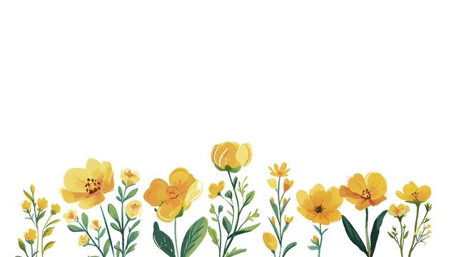 Animation of a row of yellow flowers on a white background, in the style of a children's book illustration
