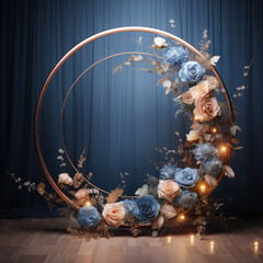 Floral wreath made of blue and rose gold flowers on a plain vintage background, wedding backdrop