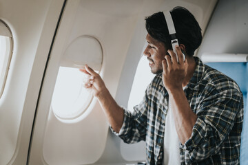 Asian man on an airplane looking out the window with headphones on, possibly enjoying music or an audiobook during his flight. - obrazy, fototapety, plakaty