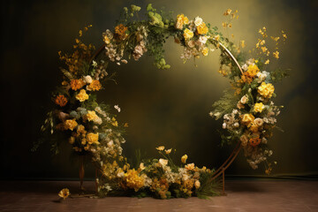 Floral wreath made of orange and green flowers on a plain vintage green background, wedding backdrop