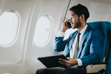 Asian businessman working on his laptop while seated in an airplane, smiling, possibly engaged in...