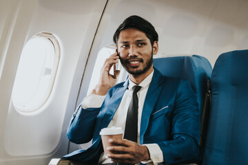 Asian businessman working on his laptop while seated in an airplane, smiling, possibly engaged in work or leisure during his flight.