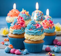 Cupcakes with colorful buttercream frosting and candles on blue background