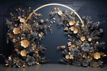 Floral wreath made of blue and gold flowers on a plain blue background, wedding backdrop