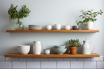 Fototapeta na wymiar kitchen utensils on the shelves white wall minimalist design professional advertising photography