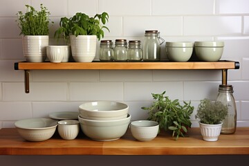 kitchen utensils on the shelves white wall minimalist design professional advertising photography