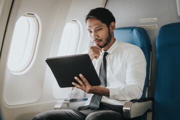 Asian businessman, possibly a stock market trader or investor, focused on his tablet while flying,...