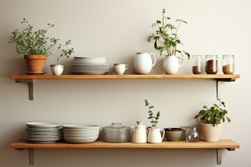 kitchen utensils on the shelves white wall minimalist design professional advertising photography