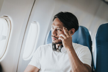 Asian male traveler on an airplane, appearing to have a headache or discomfort, showing a moment of travel-related stress. - obrazy, fototapety, plakaty