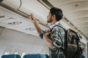 Asian male tourist enjoying airplane travel, traveling around the world on his own.