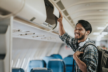 Asian male tourist enjoying airplane travel, traveling around the world on his own.