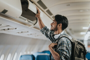 Asian male tourist enjoying airplane travel, traveling around the world on his own.