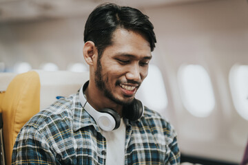 Asian male tourist enjoying airplane travel, traveling around the world on his own.