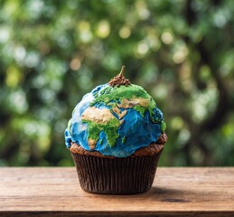 Cupcake with world map on wooden table over blurred green background