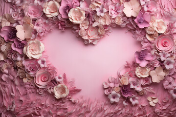 Floral pink magenta background with blossom sakura flowers in heart shape 