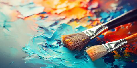 Artist used paint brushes on a colorful painter palette blackground