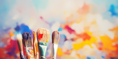 Artist used paint brushes on a colorful painter palette blackground
