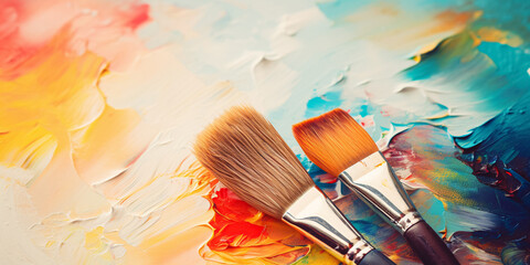 Artist used paint brushes on a colorful painter palette blackground