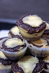 Close-up of fresh homemade Chocolate-Cheesecake Muffins