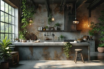 industrial kitchen design with concrete professional advertising photography - obrazy, fototapety, plakaty