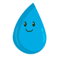 Water drop with cartoon face. Kawaii aqua smiling character. Vector simple design
