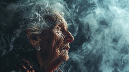 Portrait of an old woman with smoke on a black background.