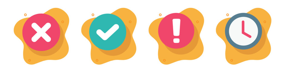 Pending awaiting clock icon, delay check mark status flat cartoon vector graphic set, check mark tick exclamation design illustration, cancel fail success accept caution warning alert notice image