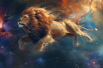 illustration of a lion floating in space - obrazy, fototapety, plakaty