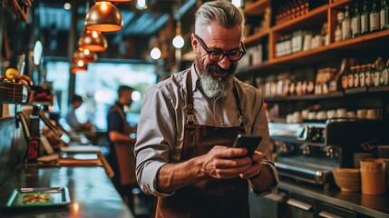 Coffee shop. Bearded mature man in apron using smartphone while standing in cafe