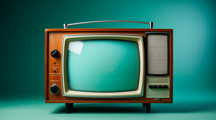 Retro old TV receiver on a blue background.