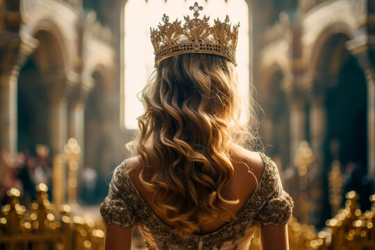 Back view of a fantasy medieval girl princess walks in a gothic room.