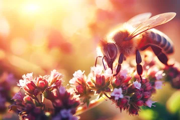 Foto op Aluminium Bee and flower. Close up of a large striped bee collects honey on a flower at sunset. horizontal photography banner. Summer and spring backgrounds © Екатерина Переславце