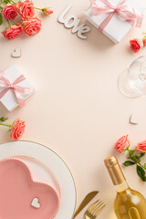 Love in every detail: vertical top view heart-shaped plate, cutlery, white wine, roses, gift, and a 