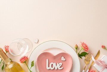 Love-filled ambiance: Top view snapshot of intimate Valentine's dinner scene. Heart-shaped plate, cutlery, white wine, roses, themed giftbox adorn pastel beige background with space for text or advert