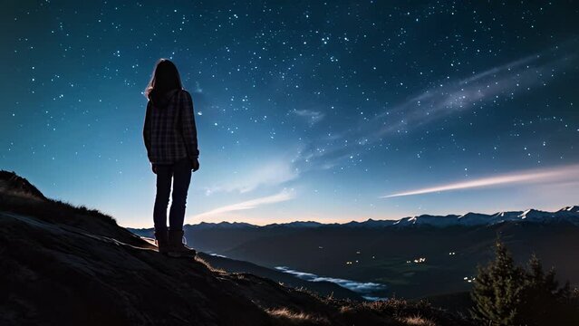 A silhouette of a woman standing on a mountain summit, looking up at the stars, representing the empowerment and growth experienced after a breakup.