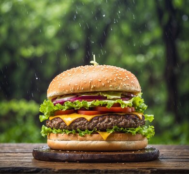 Delicious hamburger on wooden table in rain. Toned image