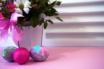 Happy easter! Flat Lay, postcard or Internet banner with Copy Space on Easter