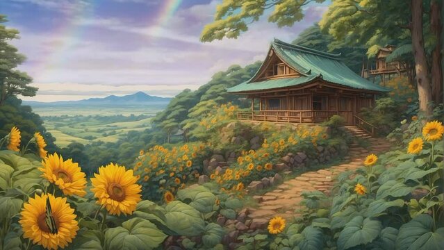 A peaceful landscape of clear skies, hills, sunflowers, ancient houses, with simple animation in Japanese anime watercolour style. A smooth looping video perfect for your projects.