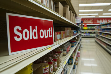 Sold out concept image with empty grocery store alley and shelves with red sign with written words Sold out
