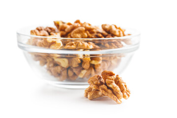 Peeled dried walnut kernels isolated on white background.