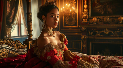 Portrait of a medieval fantasy princess in her luxurious bedroom, looking at the viewer, mouth slightly open, dynamic pose, luxurious dress, gold necklace earrings and jewelry, big eyes - Powered by Adobe